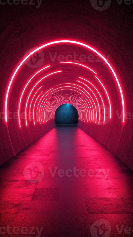 Illuminated tunnel with vibrant neon lights creating a futuristic ambiance during nighttime photo
