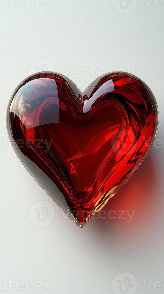 Heart-shaped sculpture made of clear red glass reflecting soft light in a minimalistic setting photo