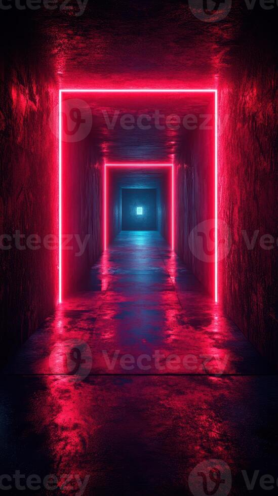 Neon-lit hallway with glowing outlined walls creates an immersive visual experience in a darkened space photo