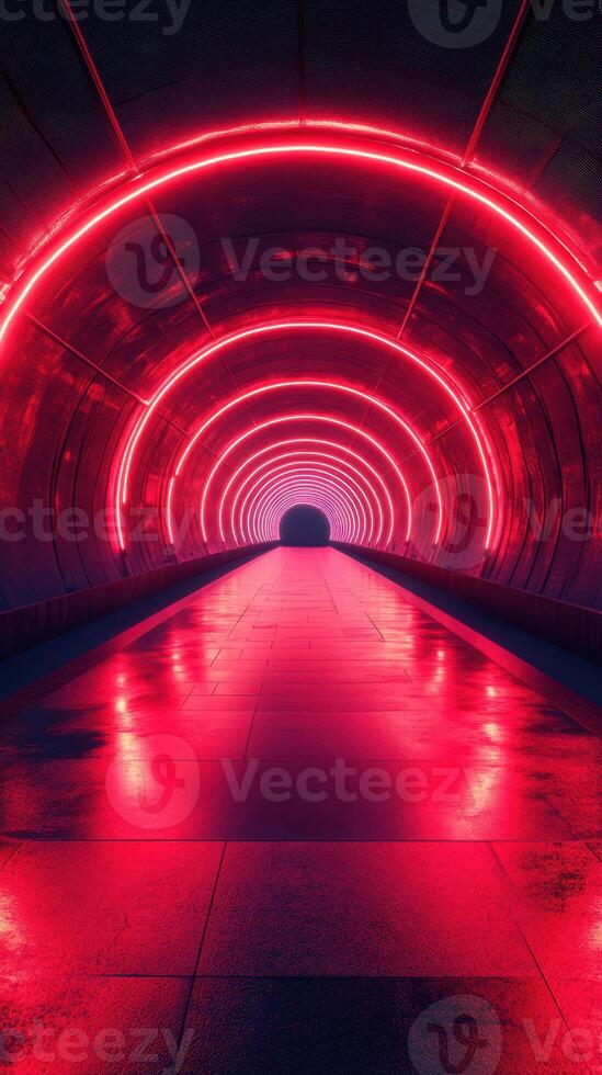 Vibrant tunnel illuminated by red neon lights creates an immersive visual experience in a modern urban setting photo