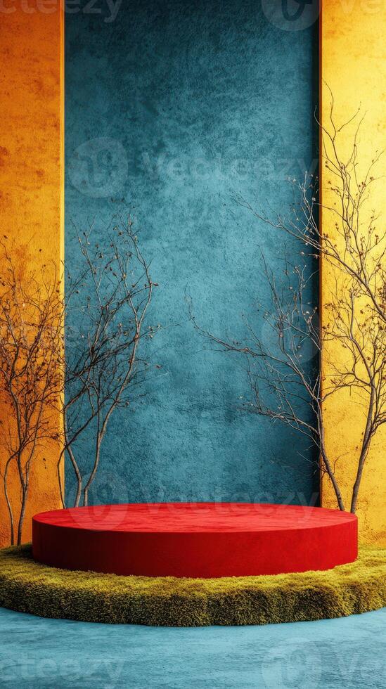 Bright colored backdrop featuring a red circular platform surrounded by minimalistic trees in a vibrant setting photo