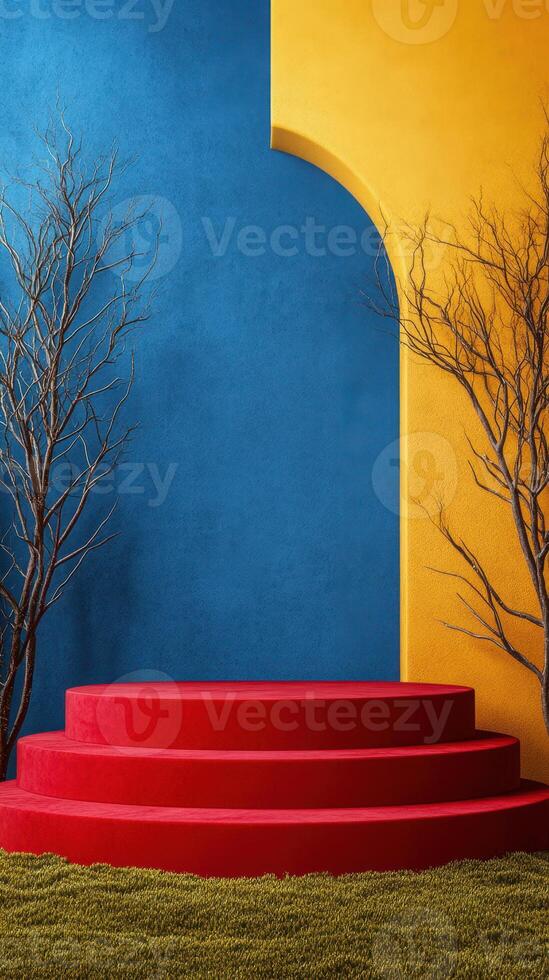 Brightly colored architectural display with steps and barren trees in an artistic outdoor setting photo