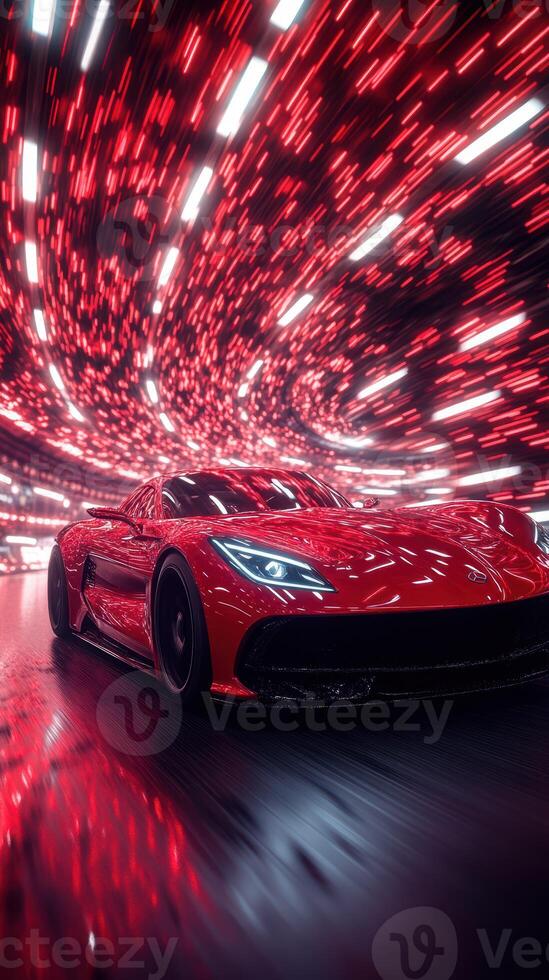 Bright red supercar speeding through a tunnel filled with vibrant light trails at night photo