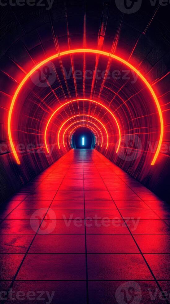 Neon-lit tunnel with vibrant red and blue lights creating an engaging atmosphere in an underground passage photo
