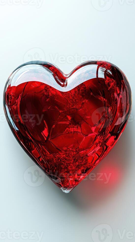 Heart-shaped glass object filled with vibrant red liquid resting on a smooth surface in a bright setting photo