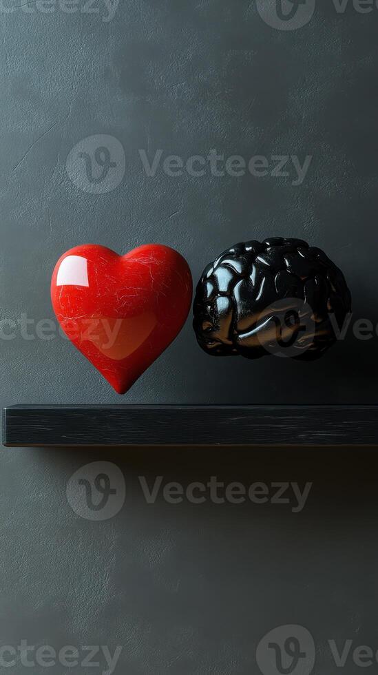 Heart and brain sculptures representing the balance between emotion and logic in a modern setting photo