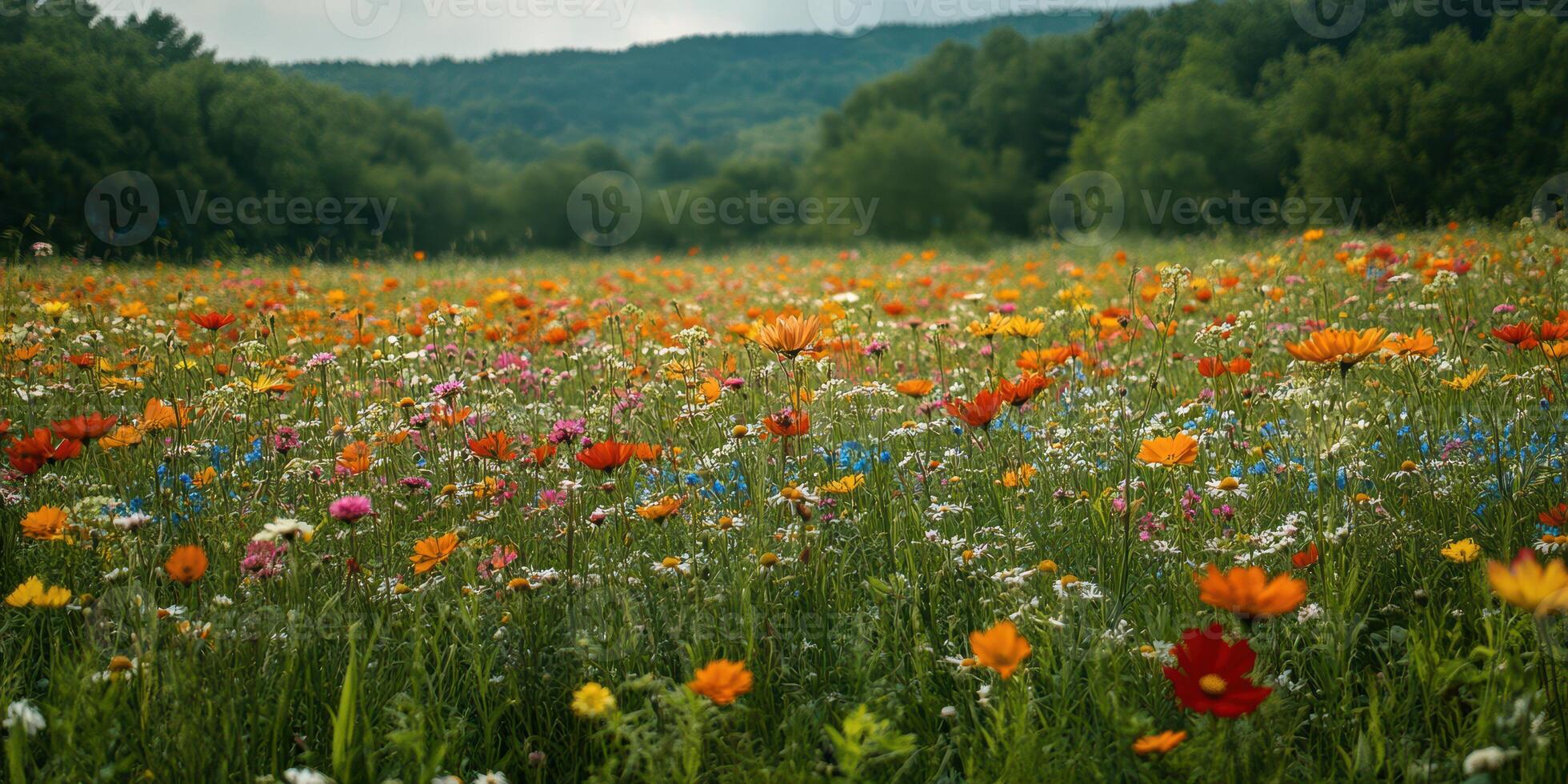 Colorful wildflower field in springtime, showcasing vibrant blooms and lush greenery under a cloudy sky photo