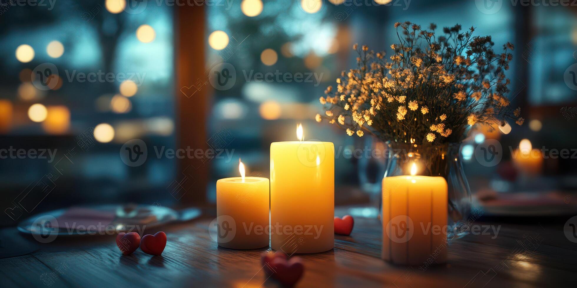 Romantic setup with candles and flowers for a cozy evening at a dimly lit table photo