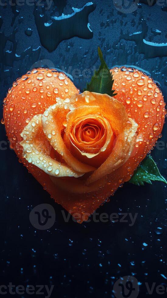 Heart-shaped orange rose with water droplets on a dark background creates a romantic and vibrant atmosphere photo