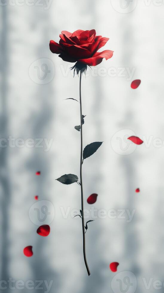 Long stem red rose surrounded by falling petals with soft background light in a serene indoor setting photo