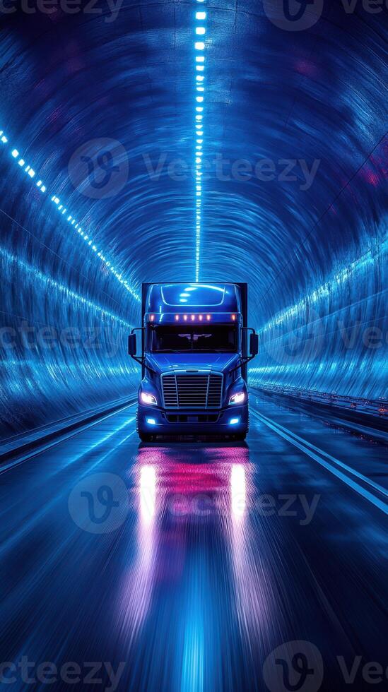 Heavy truck navigating through a futuristic illuminated tunnel at night photo