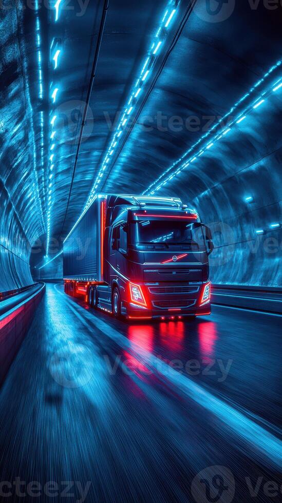 Black truck with blue neon lights driving through illuminated tunnel at night photo
