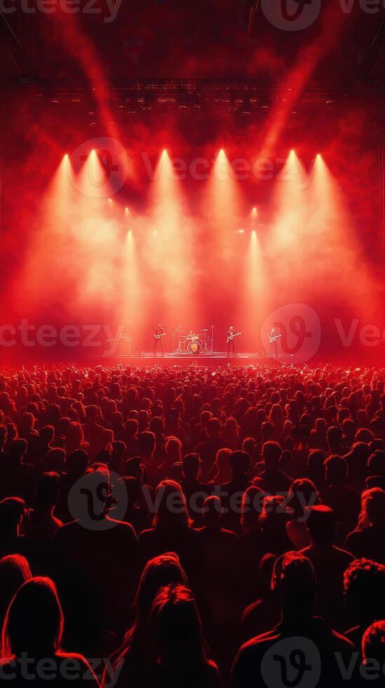 Concert under vibrant red lights featuring a lively audience and a performing band on stage photo