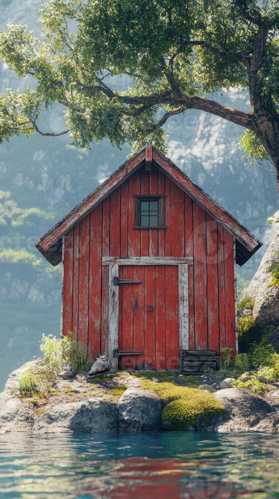 Charming red cabin by the serene lake surrounded by lush greenery in a picturesque natural setting photo