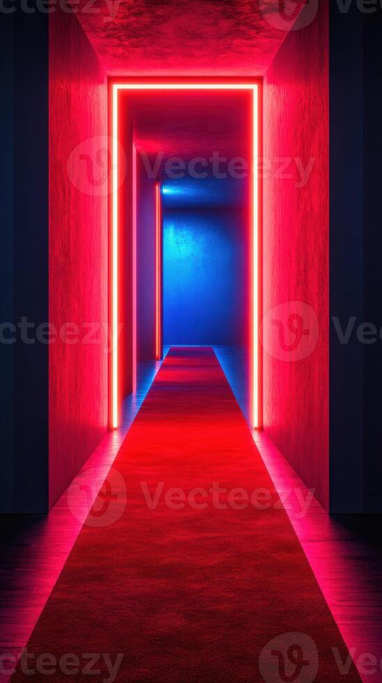 Vibrant corridor illuminated with neon lights in a modern architectural space at night photo