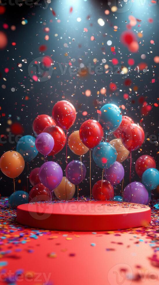 Colorful celebration with balloons and confetti on a festive stage during a joyful event photo