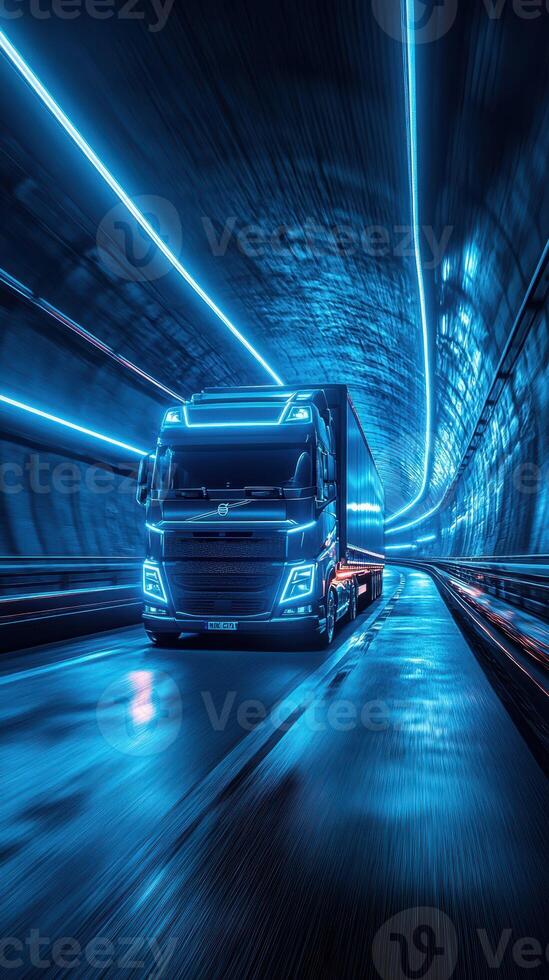 Brightly lit truck traveling through a futuristic tunnel at night photo