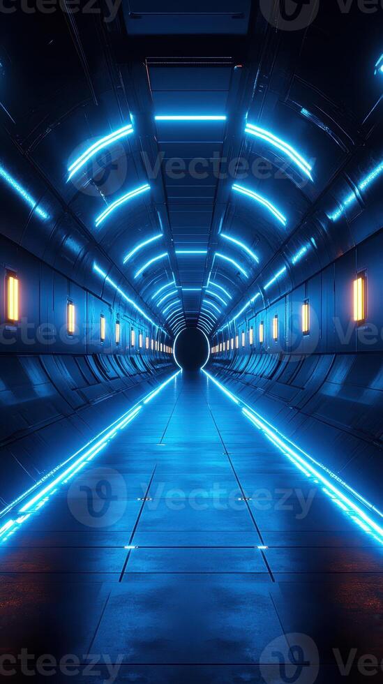 Futuristic corridor with glowing blue lights and dark exit at the end creating a sci-fi atmosphere photo