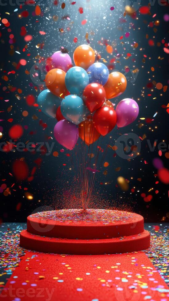 Colorful balloons surrounded by confetti create a festive atmosphere on a red carpet at a celebration photo