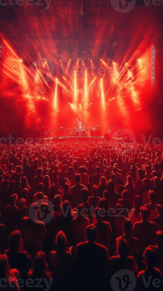Intense concert atmosphere with vibrant red lights illuminating a captivated audience at a live music event photo