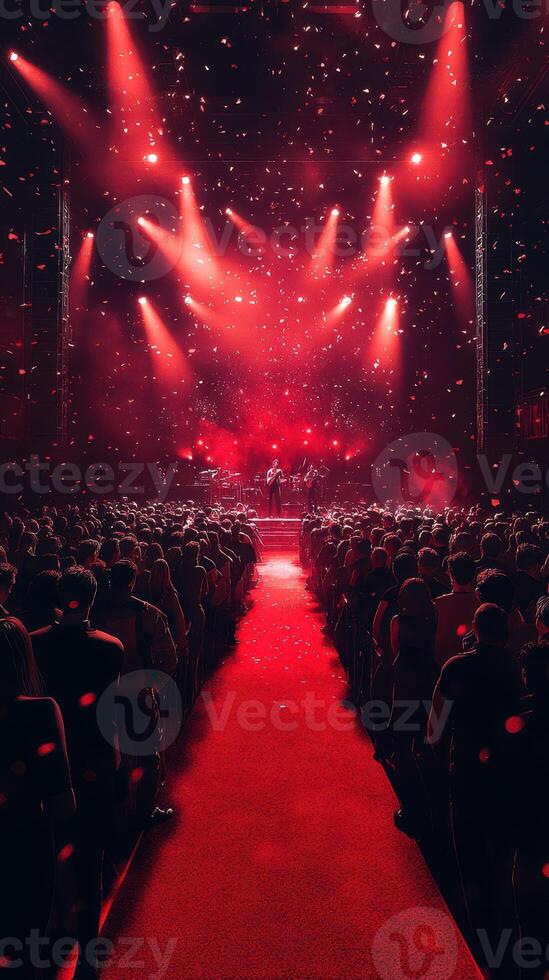 Concert performance under dramatic red lights with an enthusiastic crowd enjoying live music photo