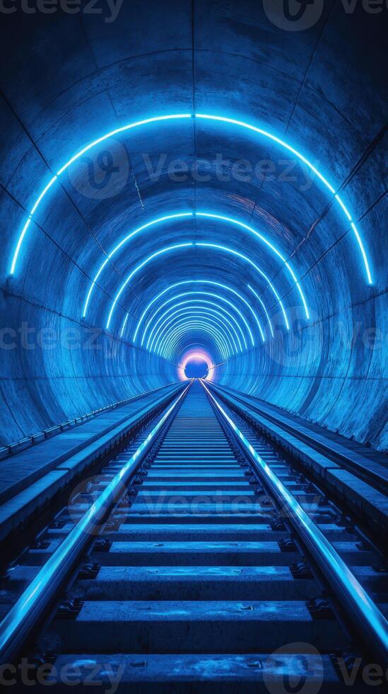 Illuminated tunnel with blue neon lights and railway tracks stretching into the distance photo