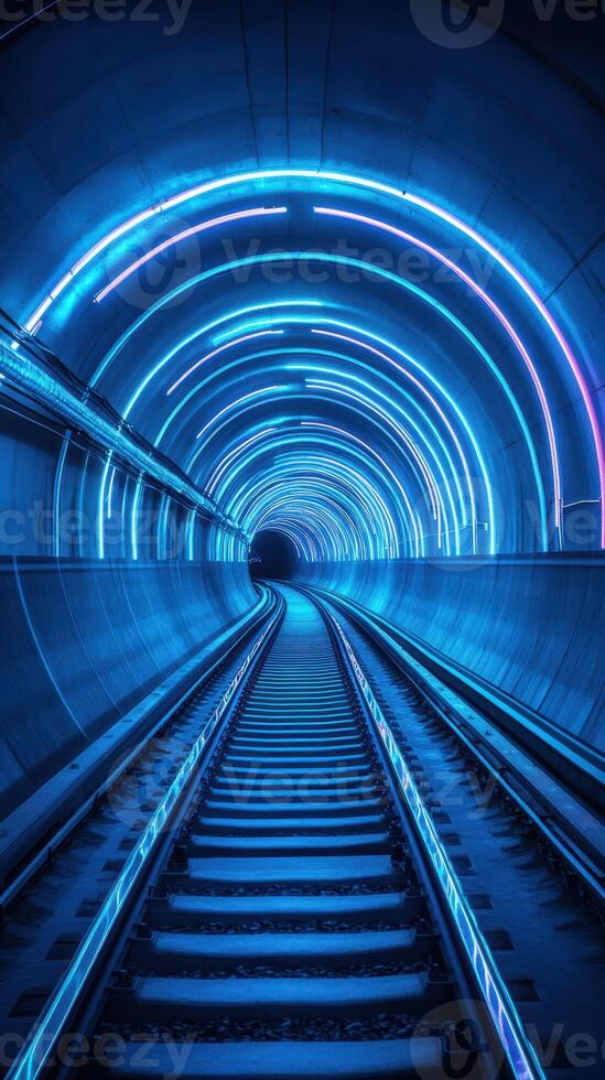 Bright blue illuminated tunnel showcasing railway tracks in a modern urban setting photo