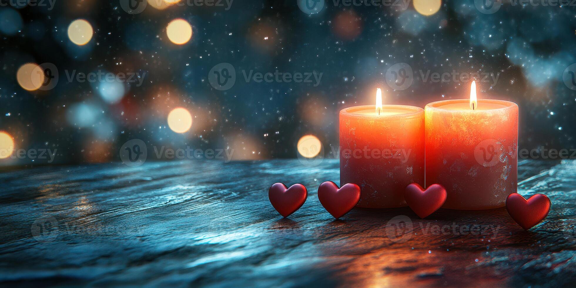 Candles glow warmly with red hearts on a rustic wooden table, creating a romantic atmosphere during a winter evening photo