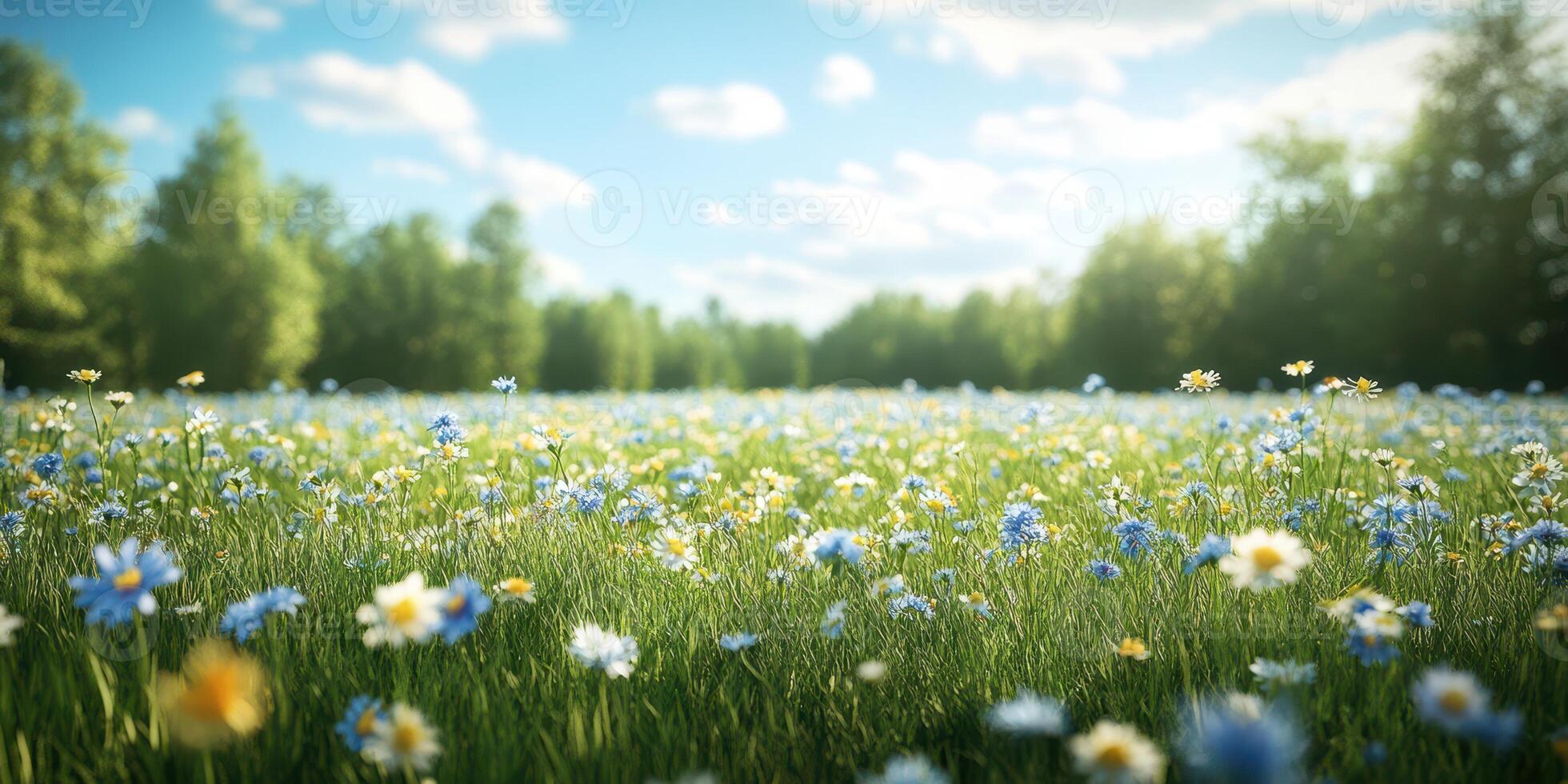 Colorful wildflower field under a bright blue sky with fluffy clouds on a sunny day in a serene natural setting photo