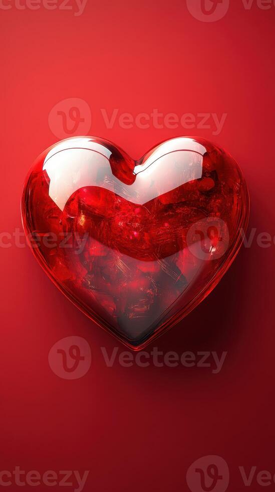 Heart shaped decorative object with shimmering red surface on solid red background photo