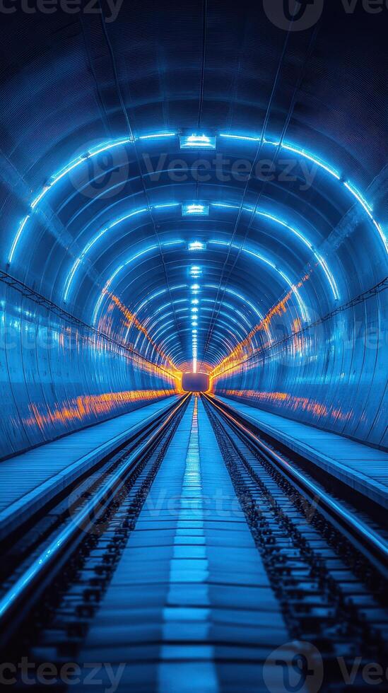 Brightly illuminated tunnel showcasing vibrant blue and orange lights along the railway tracks in an underground setting photo