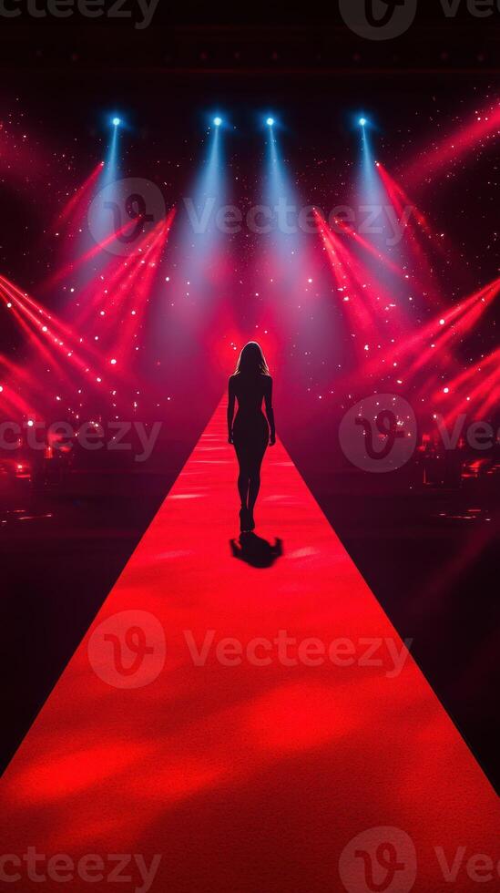 Model walks down illuminated runway at fashion show with vibrant lights and dramatic shadows photo