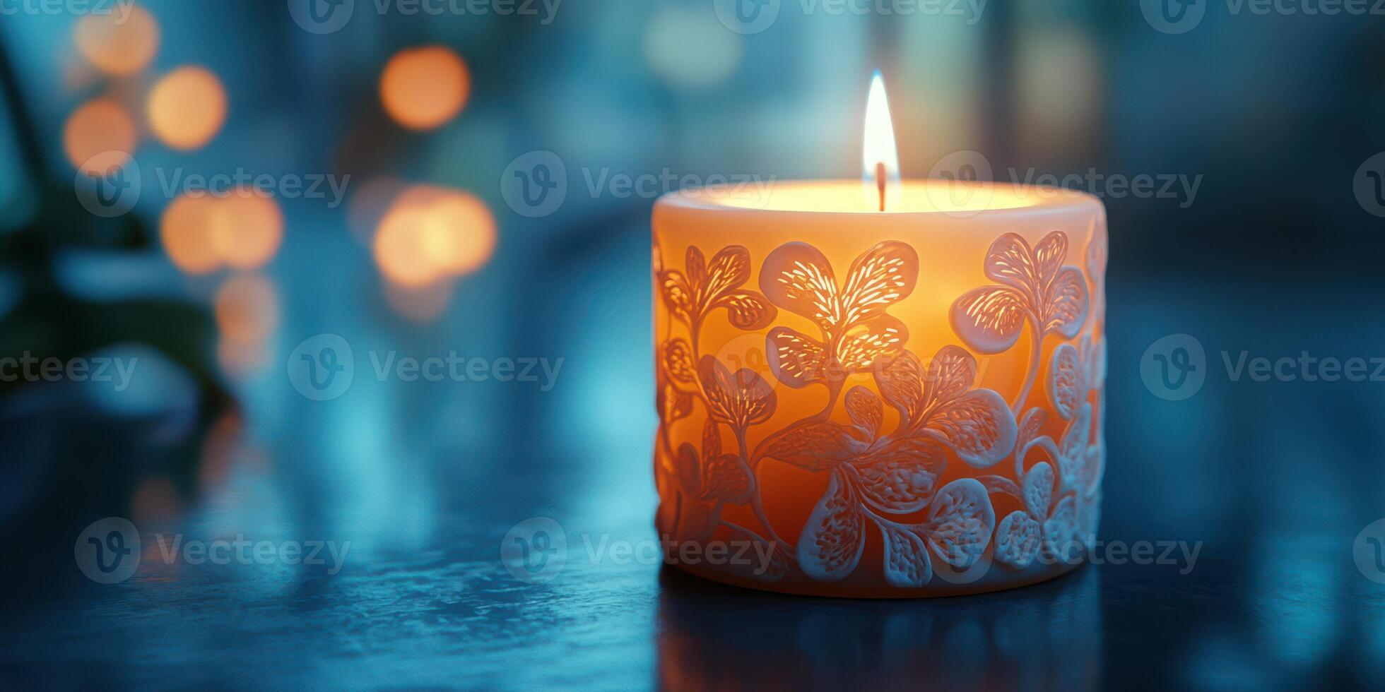 Soft candlelight illuminates a beautifully designed candle creating a cozy atmosphere photo