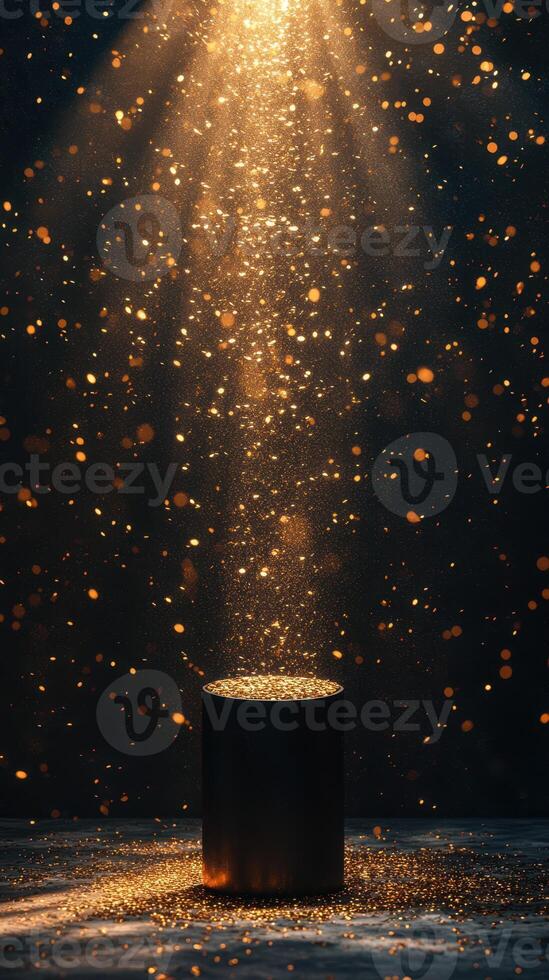 Golden particles burst from a cylindrical container, illuminating the dark background with a sparkling glow photo