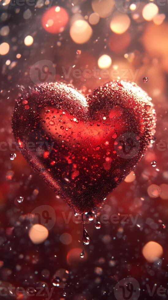 Heart-shaped decoration surrounded by droplets and bokeh lights captures romantic essence in elegant setting photo