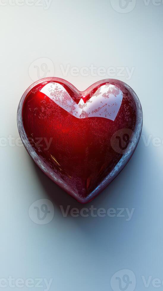 Bright red heart shaped object with a shiny surface and textured edges creates a striking focal point in a minimalist setting photo