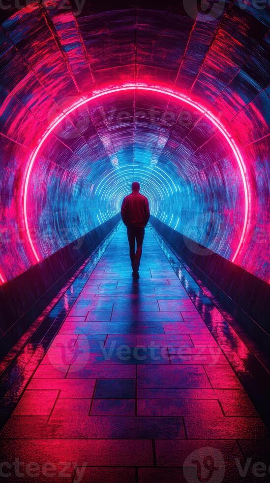 Bright neon tunnel with a silhouette walking through vibrant colors in an urban setting at night photo
