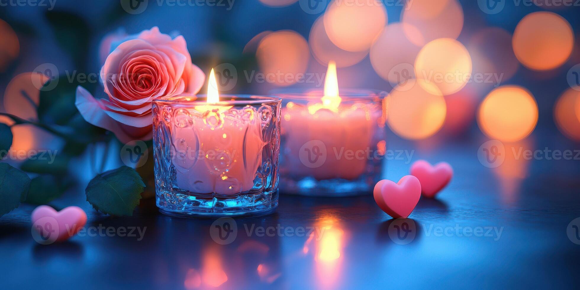 Romantic candles and soft rose create a warm atmosphere for a special evening in a cozy setting photo