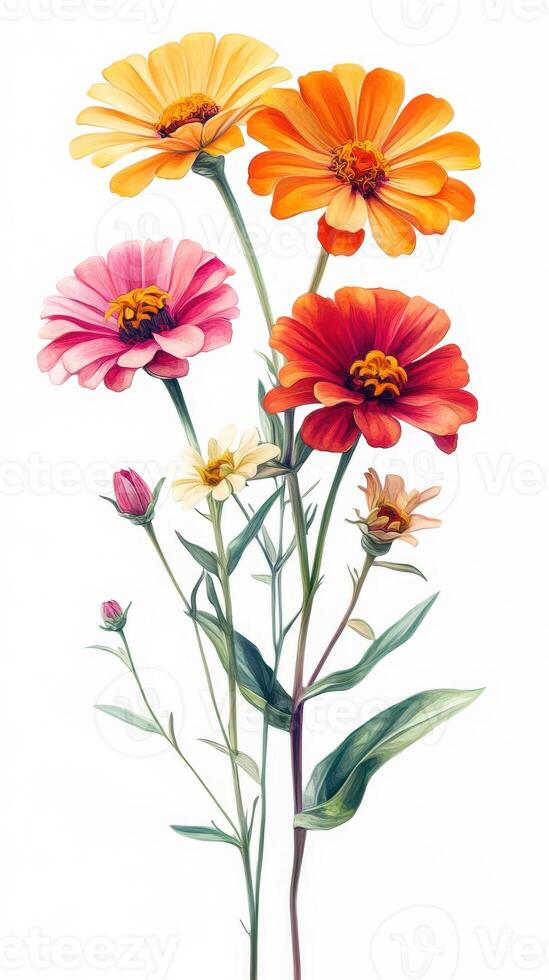 Bright zinnia flowers in various colors, arranged elegantly with green leaves on a white background photo