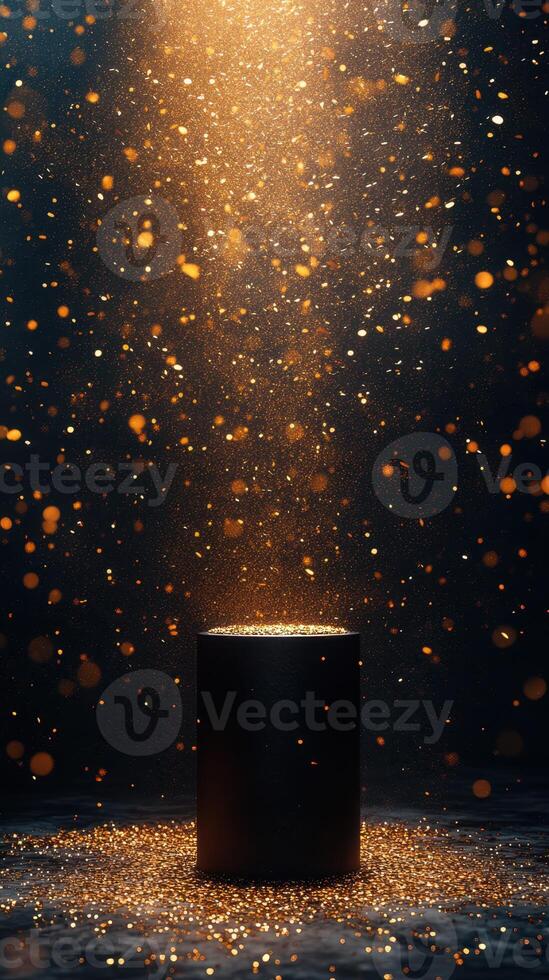 Glowing particles ascend from a cylindrical base in a dark atmosphere, creating a magical effect photo