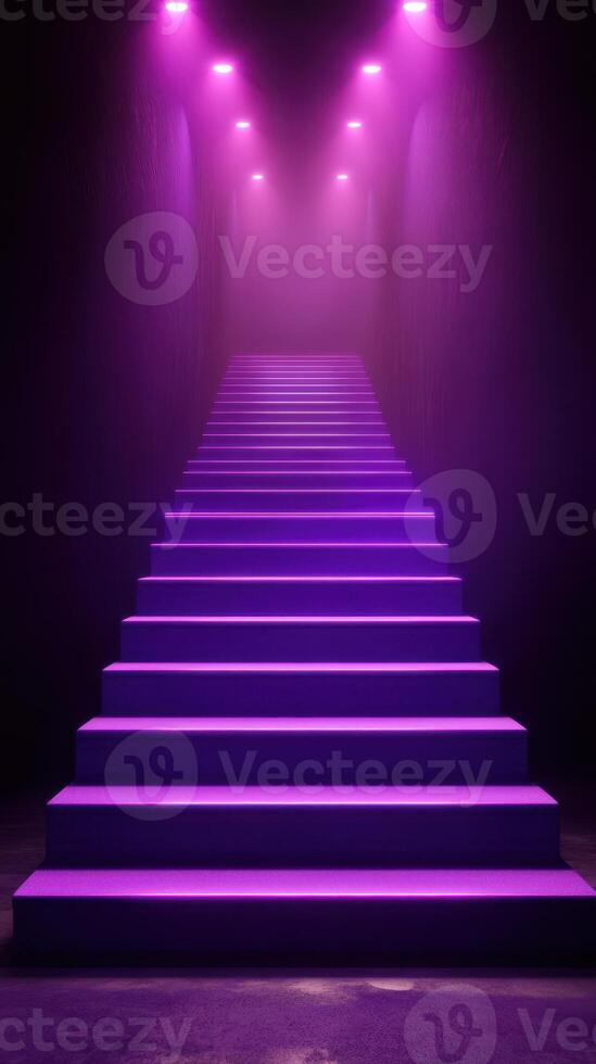 Bright purple stairs lead upward with dramatic lighting in a dark setting creating an atmospheric visual experience photo