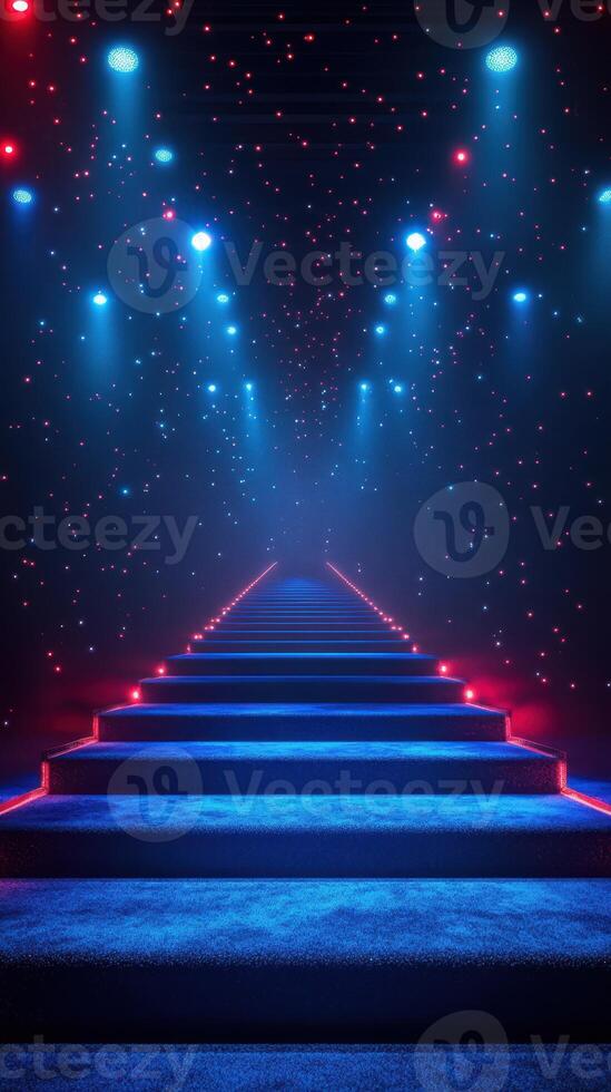 Steps leading into a glow of colorful lights in an evening venue photo
