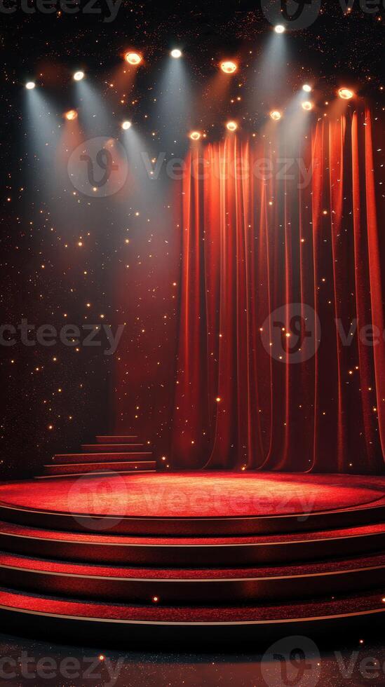 Spotlight illuminates an elegant stage with red curtains and twinkling lights in a dramatic performance space photo