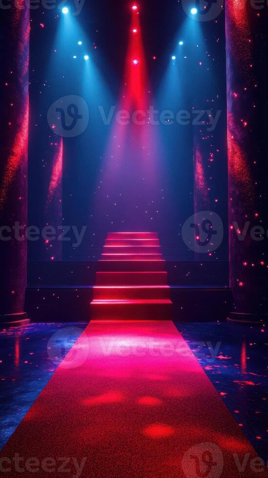 Stylish red carpet stage with glowing lights and colorful ambiance for a dramatic event photo