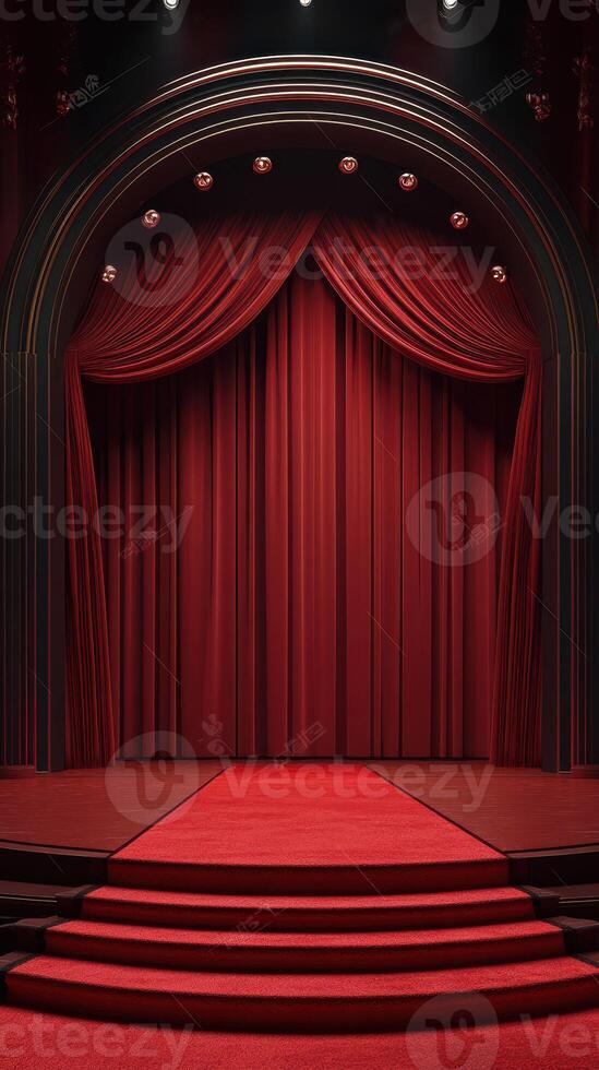 Red velvet stage curtains with spotlight in a theater setting ready for a performance at night photo
