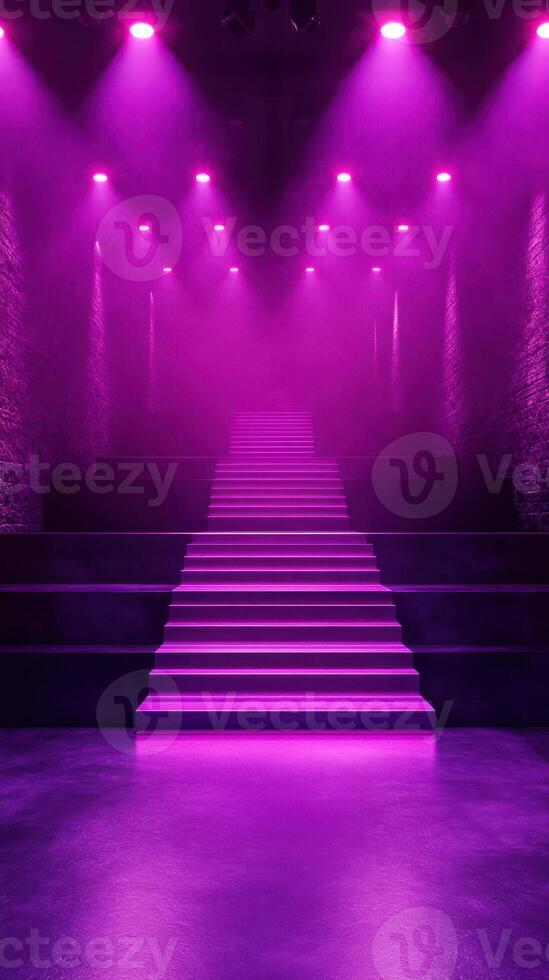 Staircase illuminated by purple lights in a dimly lit venue during an evening event photo