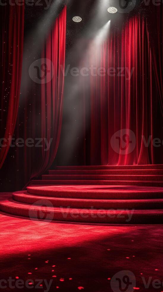Stunning red velvet stage with illuminated curtains and spotlight effect at an evening gala event photo