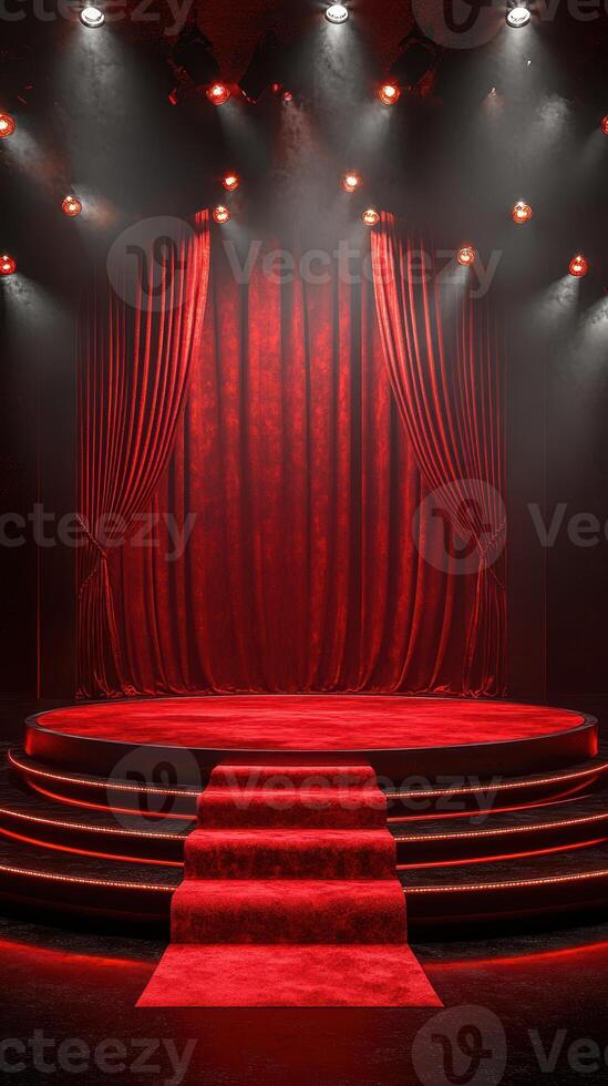 Elegant red stage setup with velvet curtains and spotlight illumination for performance or event photo