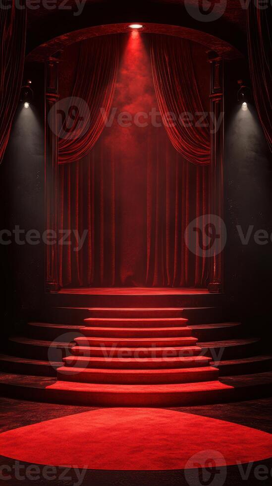 Dramatic red stage with curtains and spotlight creates an immersive atmosphere for a performance photo