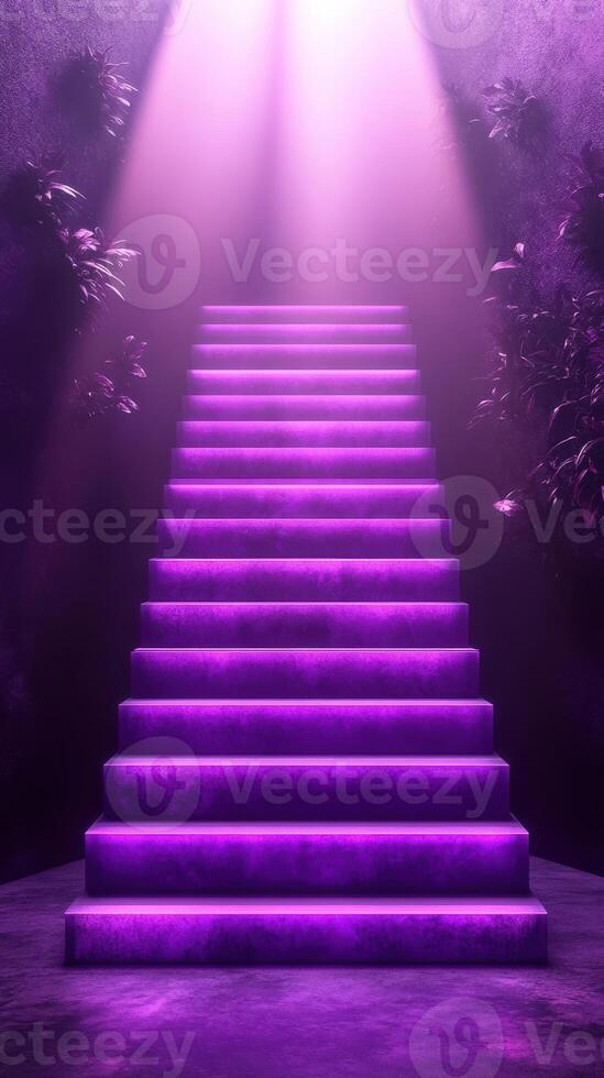Staircase illuminated by purple lights surrounded by lush greenery in an enchanting space photo